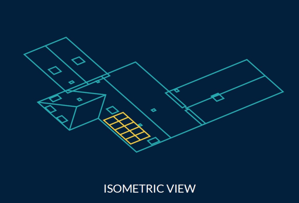 Isometric View of a solar panel design using a two-dimensional (2D) hybrid overlay.